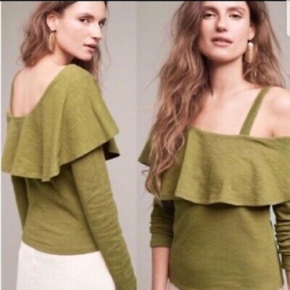 Anthropologie Postmark Olive Green One Shoulder Ruffle Long Sleeve Top Shirt Sm - Picture 2 of 7